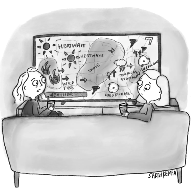 Comic strip with two children sitting in front of a tv screen showing areas impacted by climate change