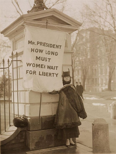 Photograph of Alison Turnbull Hopkins with banner, "Mr. President How long must women wait for liberty," picketing for suffrage outside White House gate.