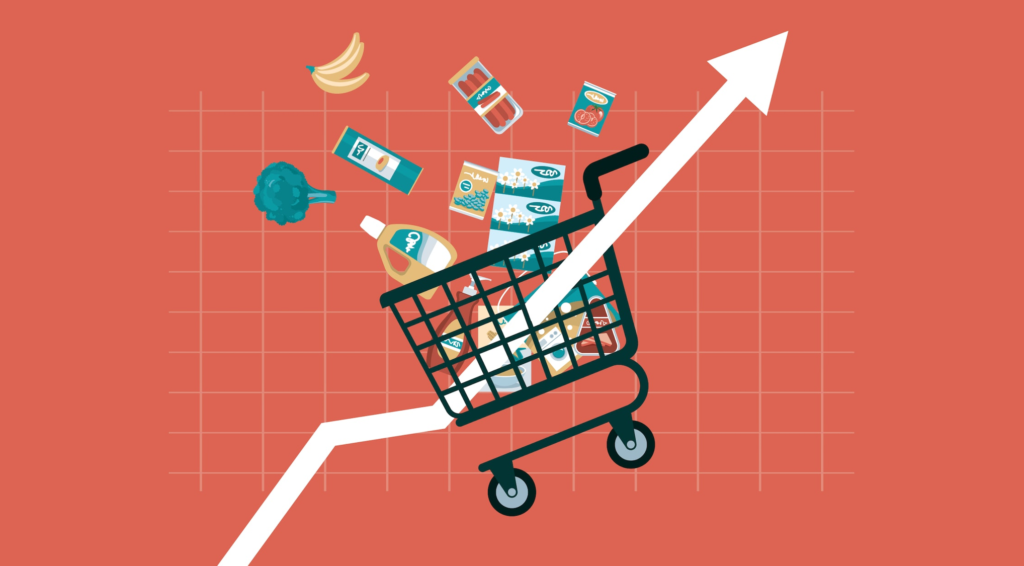 graphic of a grocery cart with essential goods in it, eg. food and an arrow in the backdrop indicating price hikes