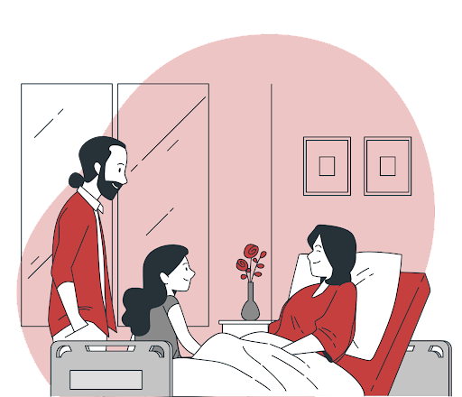 graphic cartoon of a daughter accompanied by her father visting her mother in a hospital