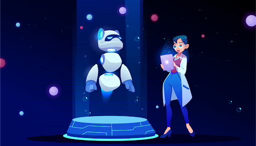 a graphic cartoon of a female scientist and a robot