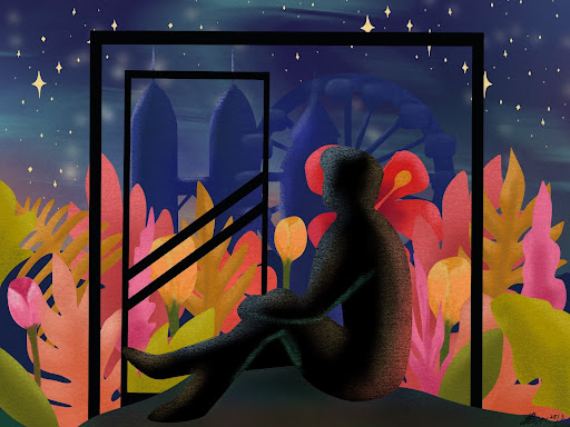 graphic of person sitting down and looking out to a colourful forest and starry sky